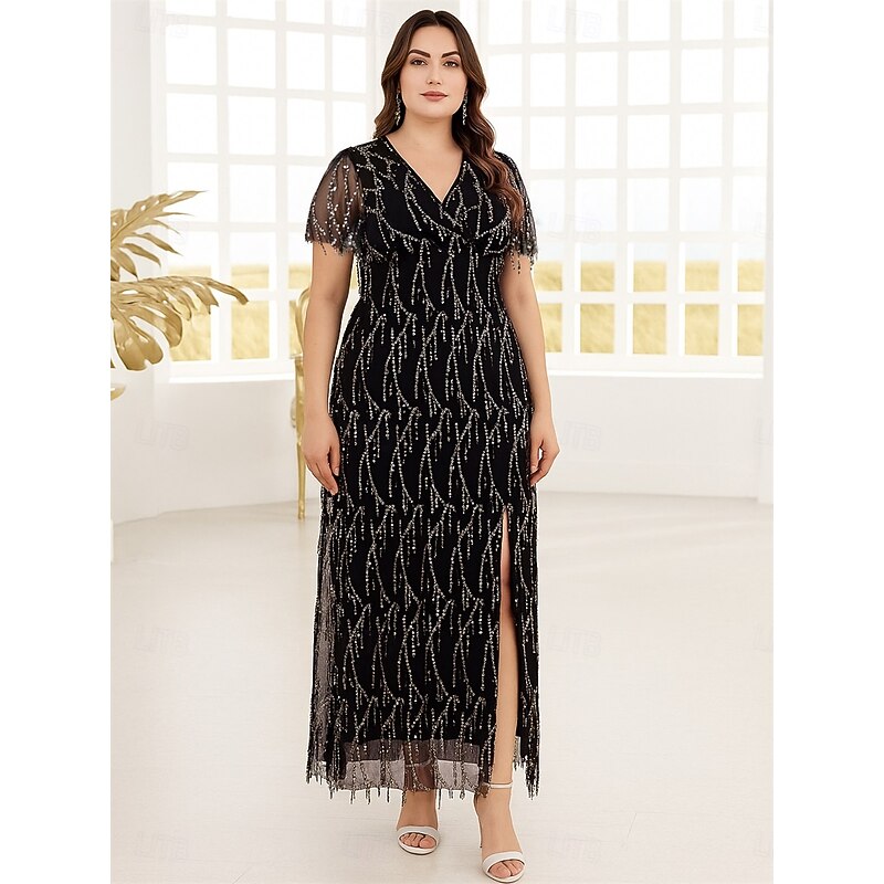 Sheath / Column Mother of the Bride Dress Black Dress Plus Size Sparkle & Shine V Neck Ankle Length Sequined Polyester Short Sleeve with Beading3