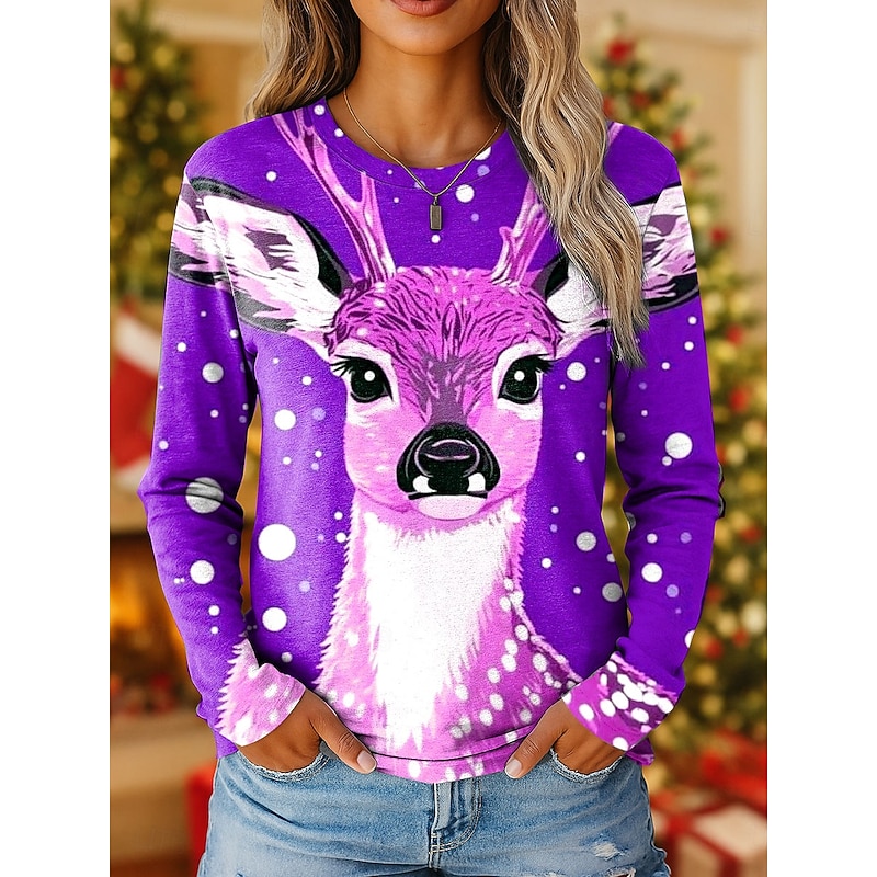 Christmas Women's T Shirt Graphic Reindeer Vintage Stylish Classic Long Sleeve Crew Neck Regular Tops Weekend Print Red Blue Purple Orange Fall Winter2