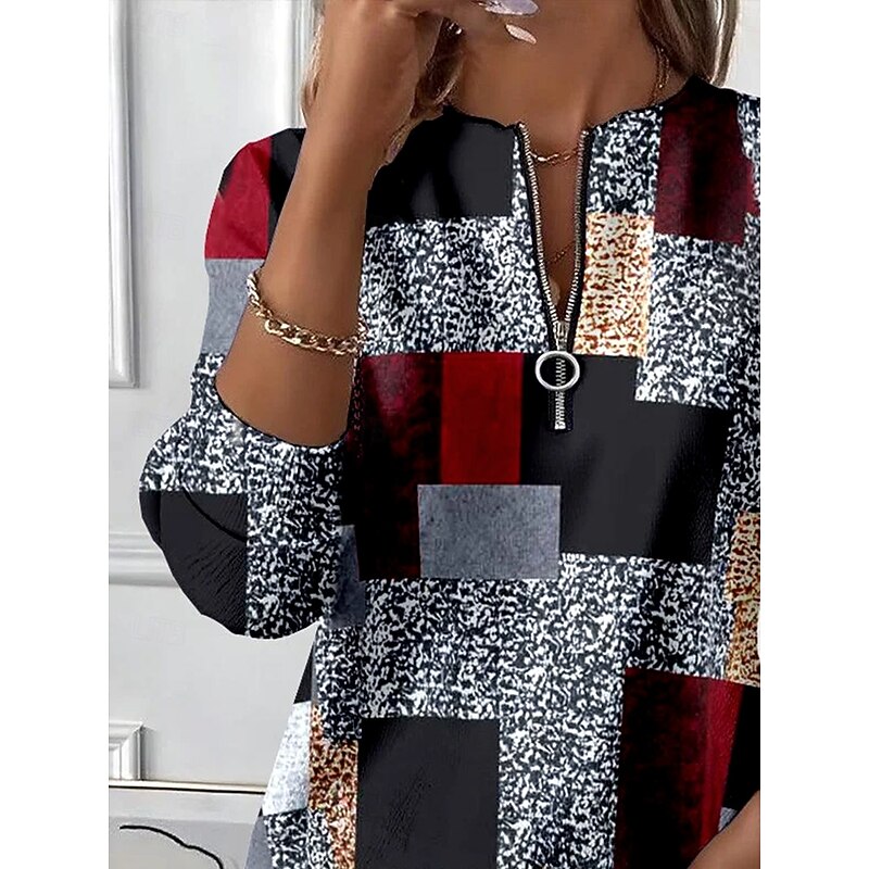 Women's Pullover Sweatshirt Zip Up Sweatshirts Graphic Geometric Color Block Fashion Casual Long Sleeve Crew Neck Regular Tops Street Dailywear Patchwork Zipper Print Dark Gray Fall Winter2