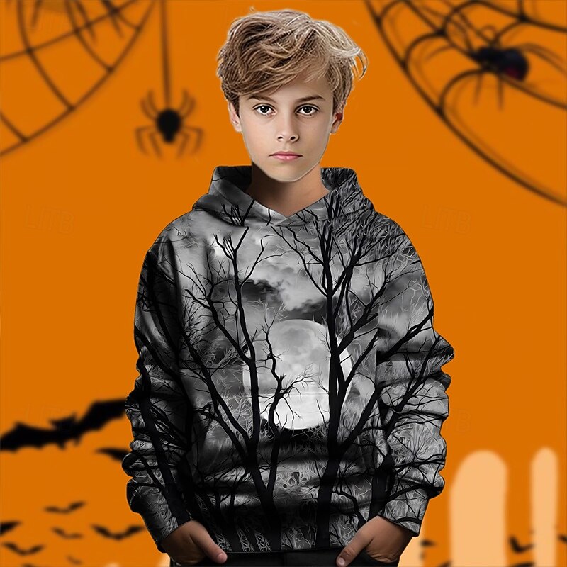 Halloween Boys' 3D Tree Hoodie Long Sleeve Spring Fall Fashion Streetwear Kids 4-12 Years Hooded Outdoor Casual Daily Regular Fit4