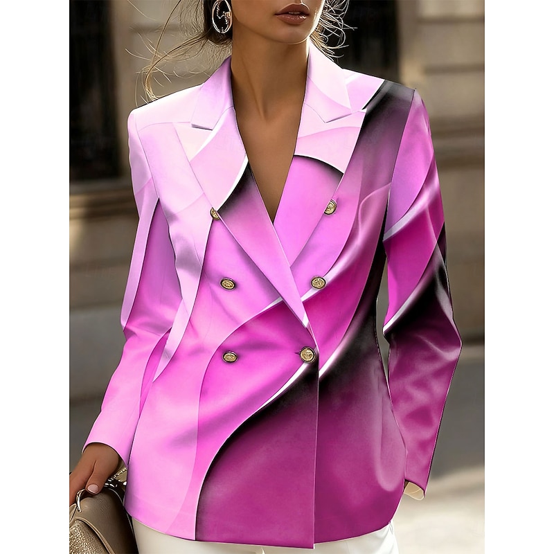 Women's Blazer Comfortable Breathable Buttons Print Fashion Casual Geometric Formal Office Street Casual Double Breasted Regular Notch Lapel Regular Fit Long Sleeve Outerwear Pink Blue Purple Spring3