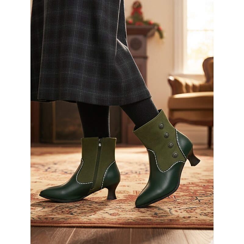 Women's 1900s-1910s  Victorian - Inspired Contrast - Color Ankle Boots – Suede & Leather Patchwork Mid - Heel Boots with Button Details for Vintage - Themed Gatherings & Cosplay