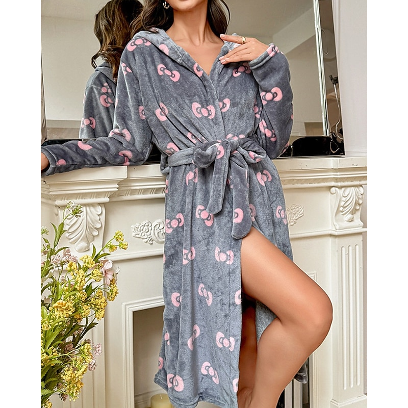 Women's Pajamas Robe Casual Floral Lace up Vacation Home Bed Long Sleeve Hoodie Dark Gray Fall Winter Tailored Fit2
