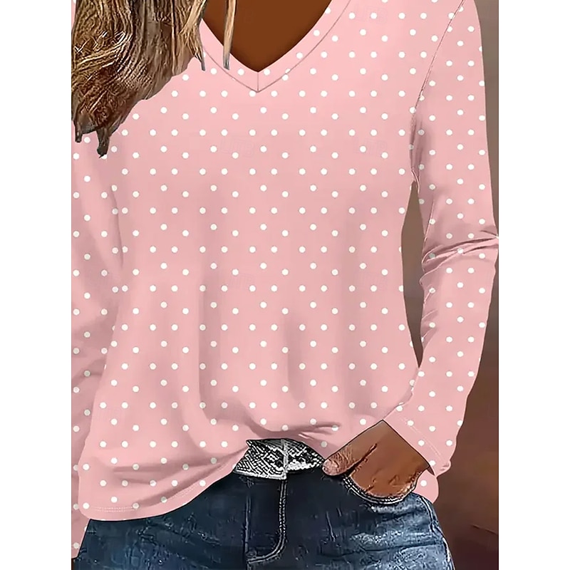 Women's T Shirt Graphic Geometric Polka Dot Vintage Stylish Classic Long Sleeve V Neck Regular Tops Daily Print Pink Spring Fall Winter3