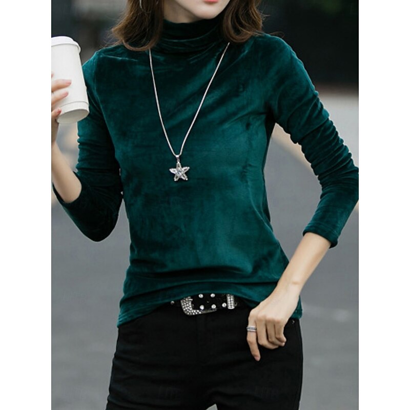 Women's Blouse Solid Color Elegant Stylish Basic Long Sleeve Turtleneck Regular Tops Daily Ruched Black Red Blue Purple Green Spring Fall Winter2