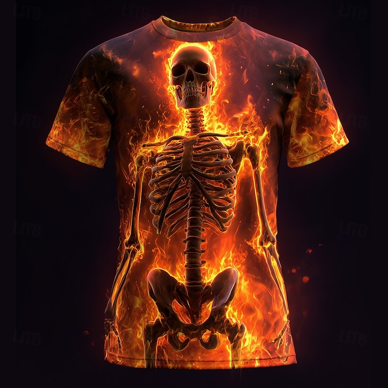 Halloween Men's Optical Illusion Hellfire Flames 3D Skeleton T Shirt Short Sleeve T shirt 3D Print Crew Neck Shirt Exaggerated Designer Horror Party Street Holiday Blue Orange Orange 2 Summer Spring2