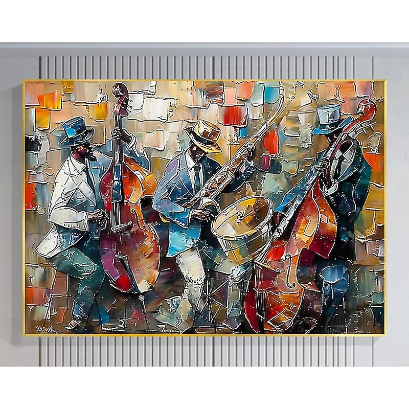 Large Abstract Jazz Band Oil Painting on Canvas Wall Art, Original Black Jazz Music Art Custom Painting Fashion Decor Living Room Home Decor