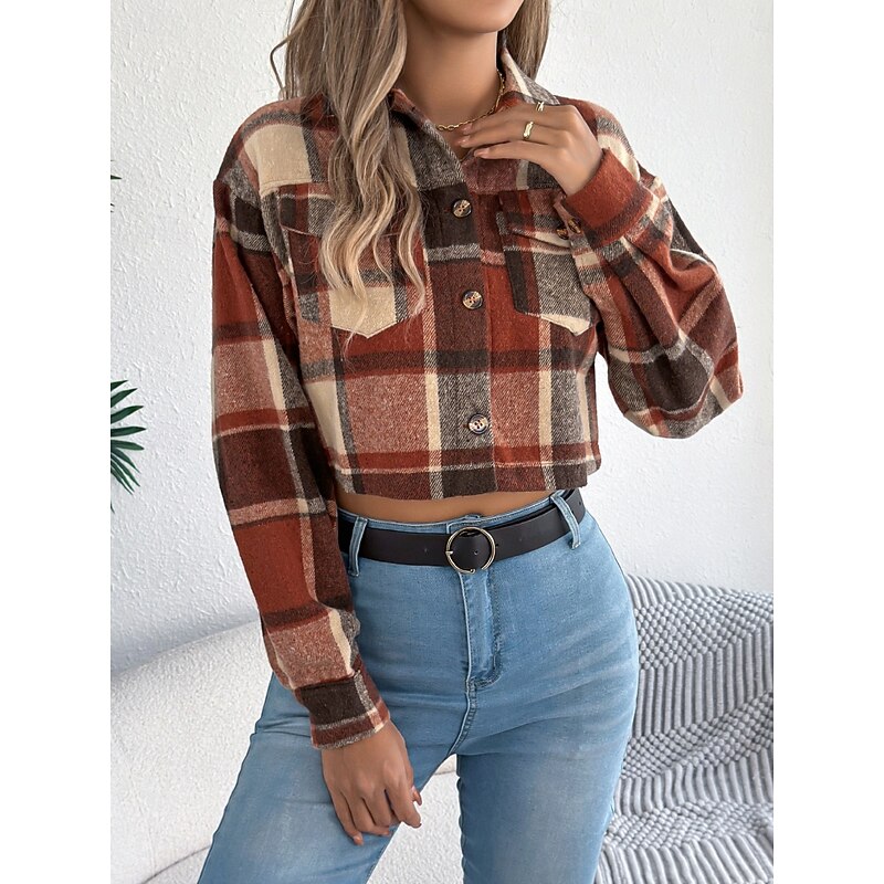 Women's Casual Jacket Shacket Comfortable Breathable Pocket Buttons Print Casual Plaid Vacation Street Casual Daily Wear Single Breasted Short Turndown Regular Fit Long Sleeve Outerwear Orange Green2