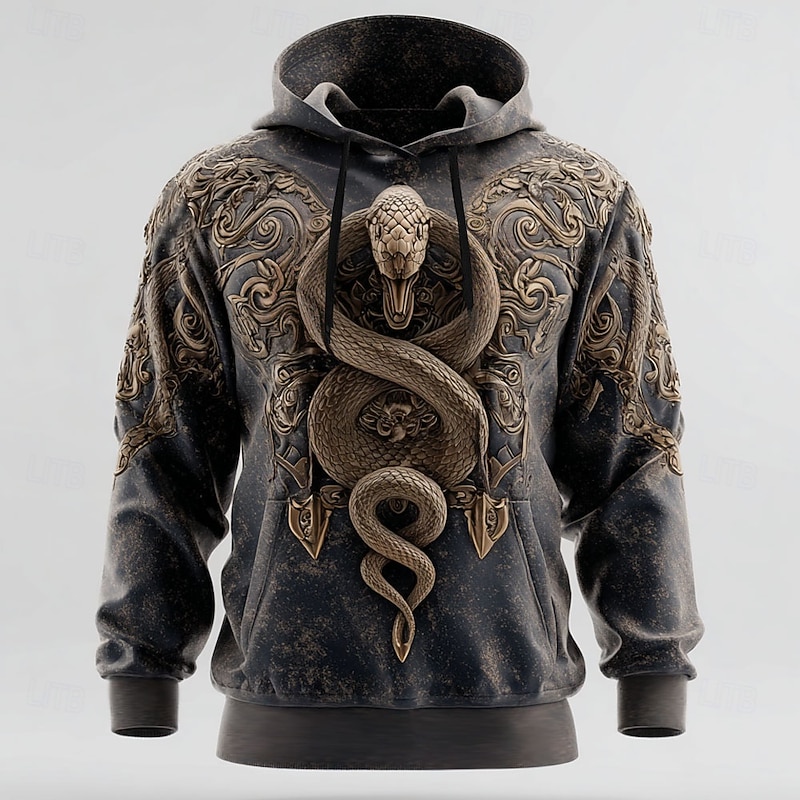 Men's 3D Snake Hoodie Sweatshirt Cool Party Crew Neck Club Streetwear Blue Green Drawstring Fall Winter Designer