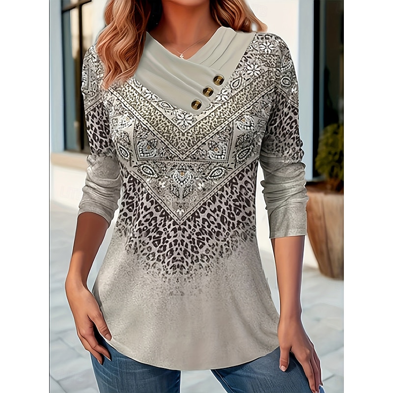 Women's T Shirt Graphic Paisley Tribal Vintage Stylish Classic Long Sleeve V Neck Asymmetric Neck Regular Tops Daily Buttons Print Asymmetrical Sage Green Dusty Blue Khaki Fall Winter3