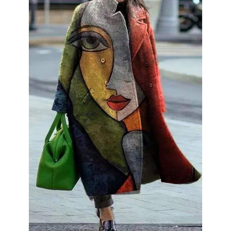 Women's Winter Coat Coat Comfortable Breathable Print Modern Casual Geometric Vacation Street Casual Daily Wear Open Front Long Turndown Regular Fit Long Sleeve Outerwear White Dark Green Green4