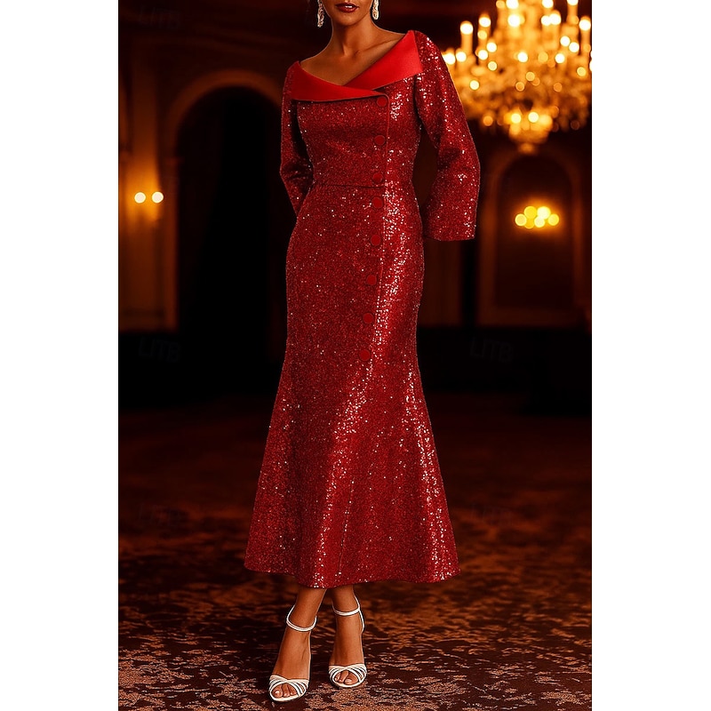 Tuxedo Dress Portrait Collar Sequin Blazer Dress Mermaid / Trumpet Formal Wedding Satin Elegant 3/4 Sleeve Tea Length Midi Length