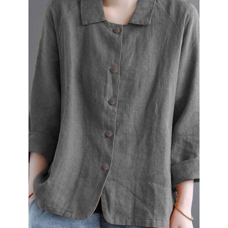 Women's Cotton Linen Shirts Solid Color Basic Casual Long Sleeve Shirt Collar Regular Tops Daily Buttons Pink Khaki Dark Gray Summer Spring