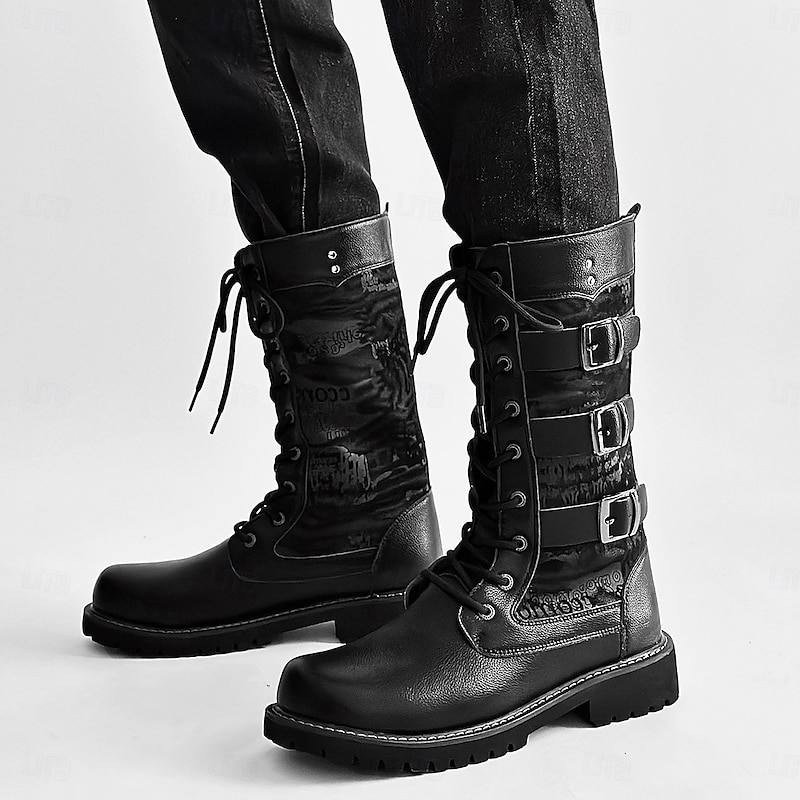 Men's Black Faux Leather Combat Boots – High Lace-Up Military Style with Buckle Straps for Biker, Gothic Fashion, Stage Performance and Halloween2