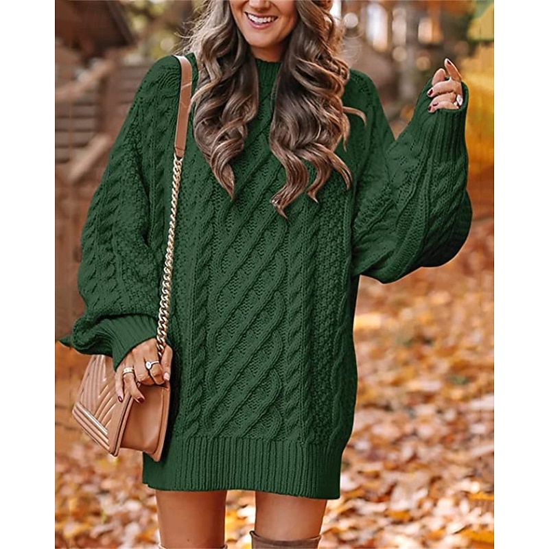 Women's Sweater Fashion Casual Solid Color Ribbed Crew Neck Knitted Long Sleeve Regular Tops Knit Outdoor Daily Weekend Black Dark Green Fall Winter