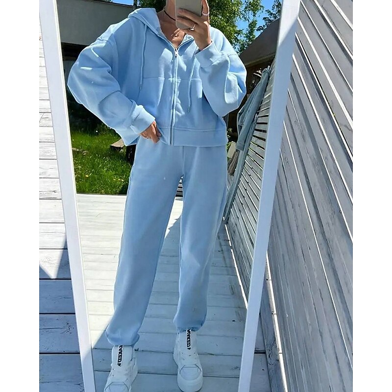 Women's Active Fashion Blouse Hoodie Pants Sets Long Sleeve Hooded Solid Color Zipper Vacation Holiday Black Pink Army Green Fall Regular Fit