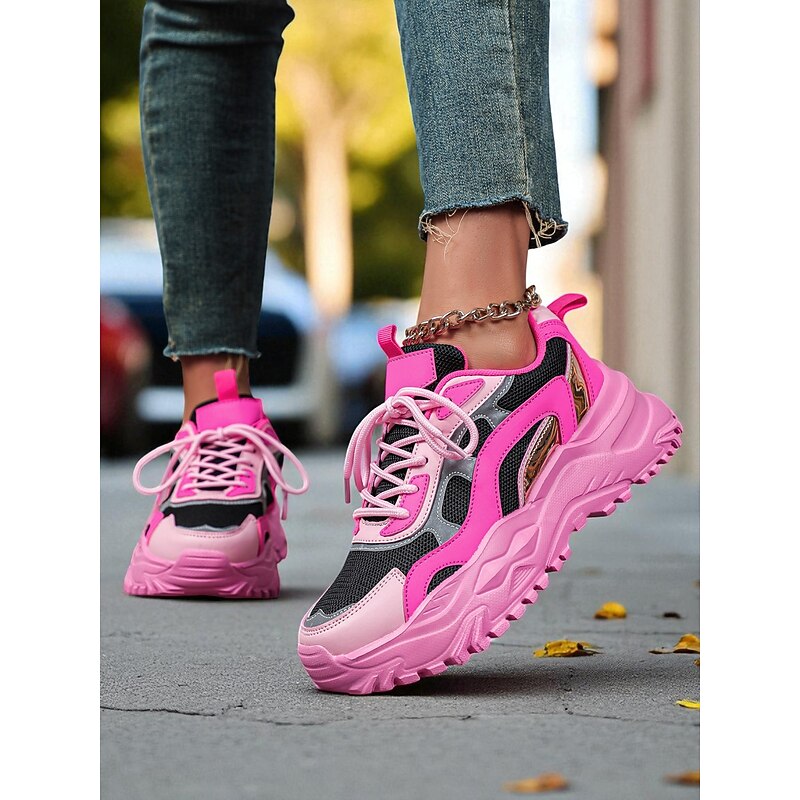 Women's Pink Reflective Chunky Sneakers – Nightlife Party Sport Shoes for Streetwear, Dance and Festival Outfits4