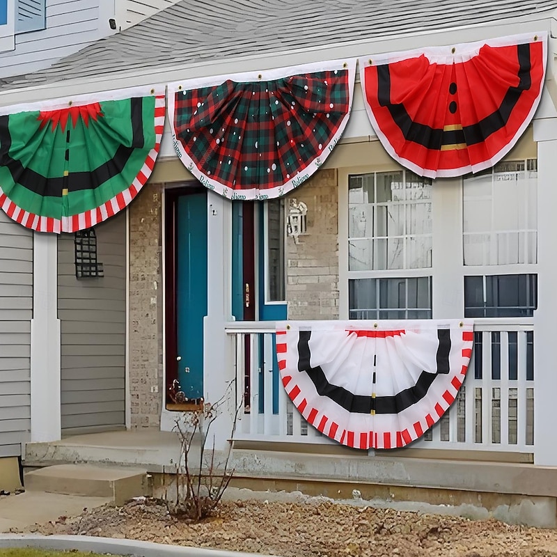 Christmas Pleated Half-Round Flag, Courtyard Party Decoration, Santa Claus, Snowman and Elf Fan Banner3
