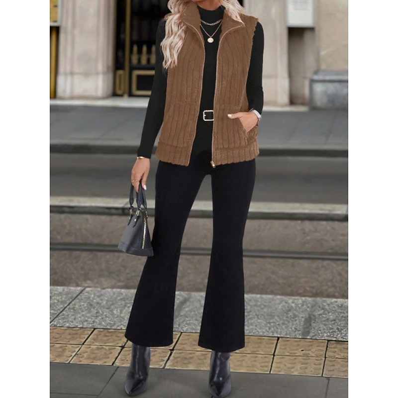 Women's Fleece Vest Comfortable Breathable Zipper Casual Plain Vacation Street Casual Daily Wear Zipper Short Turndown Regular Fit Sleeveless Outerwear Black Red Blue Spring Fall2