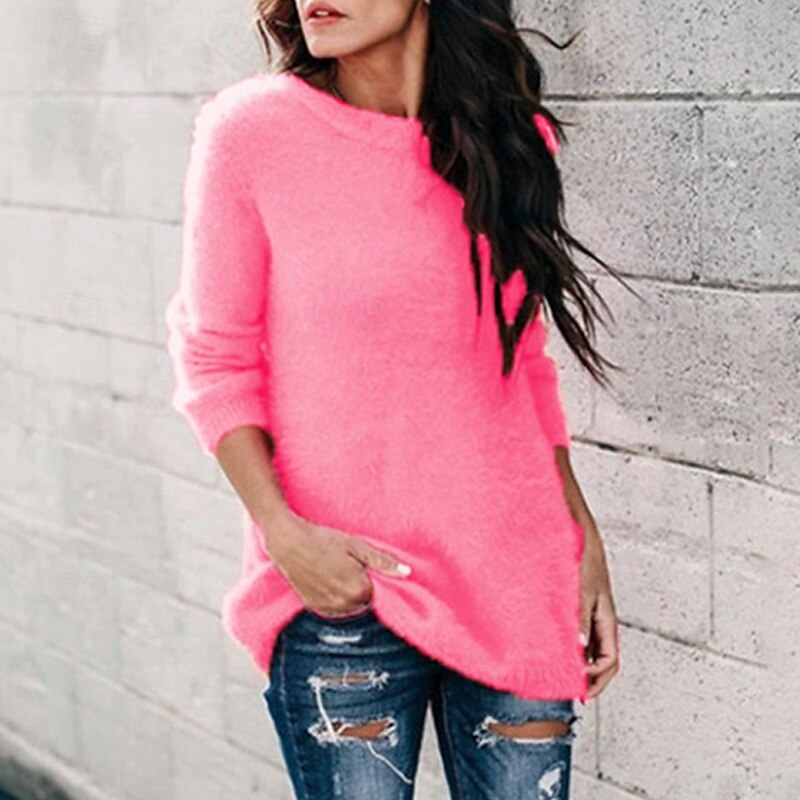 Women's Sweater Pullover Streetwear Casual Pure Color Ribbed Crew Neck Knitted Long Sleeve Long Tops Knit Outdoor Daily Weekend Hot Pink Pink Fall Winter2