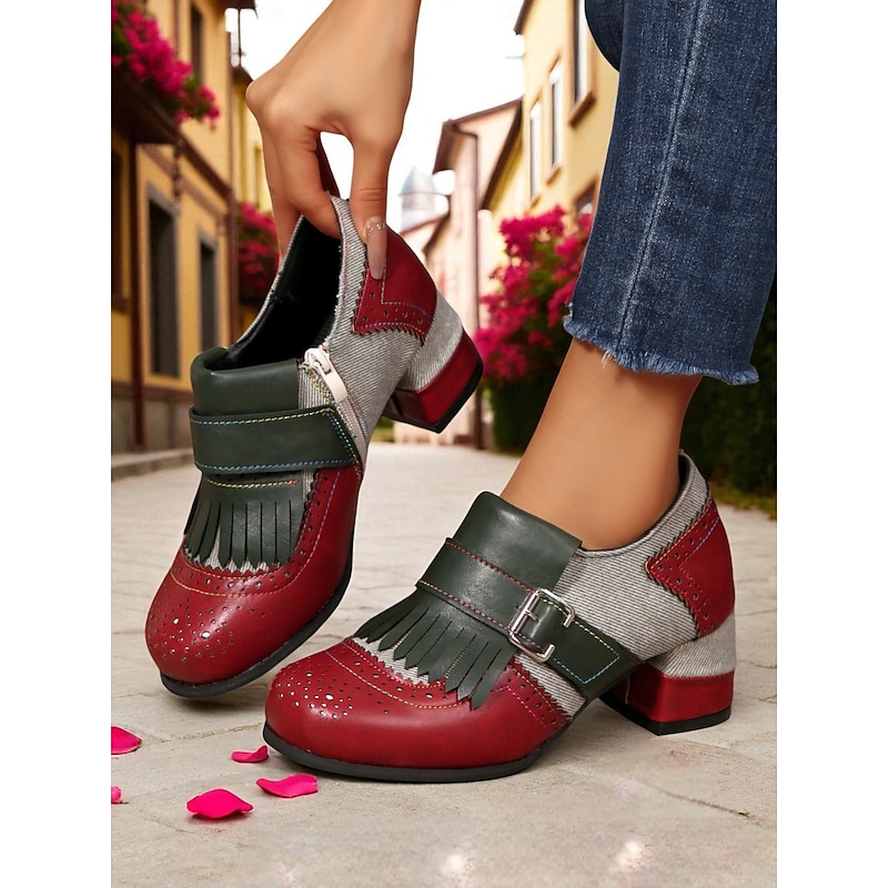 Women's 1950s Retro T-Strap Block Heel Oxfords with Fringe, Unique Color Block Design for Casual, Daily & Street Style.3