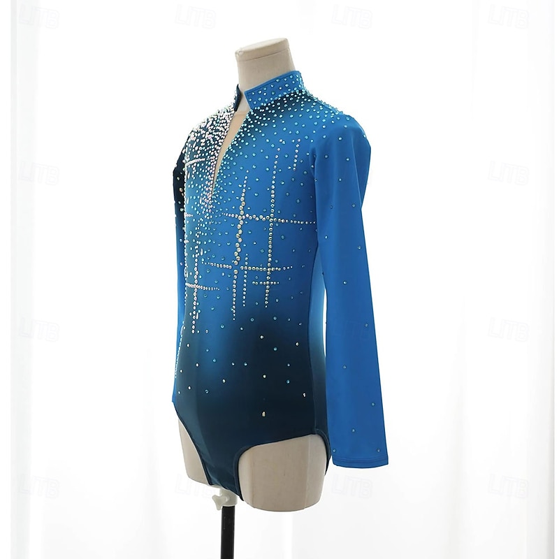 Figure Skating Top Men's Boys' Ice Skating Tops Blue Patchwork Spandex High Elasticity Training Competition Skating Wear Classic Crystal / Rhinestone Long Sleeve Ice Skating Figure Skating4