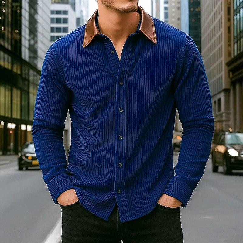 Men's Corduroy Shirt Black Navy Blue Brown Gray Long Sleeve Striped Turndown School Training Buttons Clothing Apparel Vintage Casual3