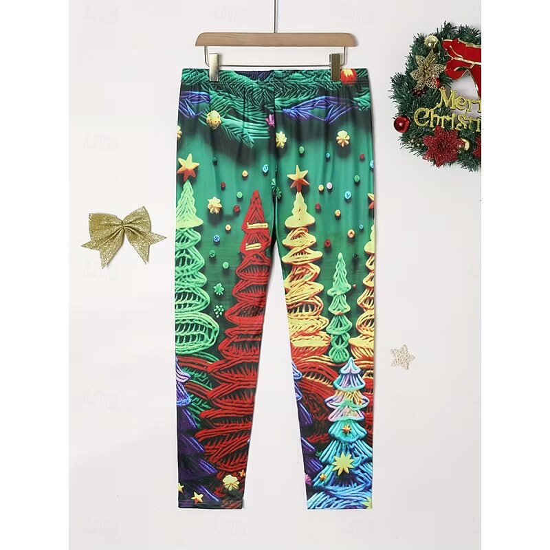 Women's Leggings Vacation Vintage Fashion Full Length High WaistPantsUgly Christmas Graphic Santa Claus Christmas Tree Printing Thermal Warm Soft Breathable Stretchy Formal Outdoor Vacation Red Green2