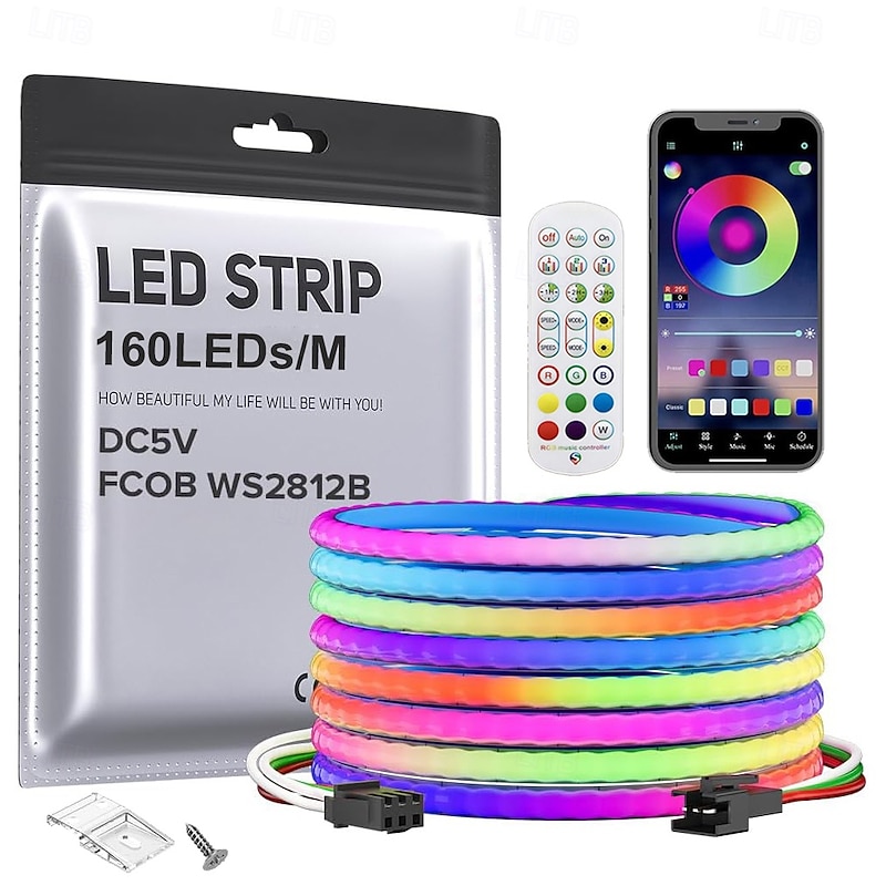5V 5MM Width 1-5M COB WS2812B IC RGB 160LED/m LED Strip Individual Addressable Flexible High Density Uniform Light Dream Chasing Color
