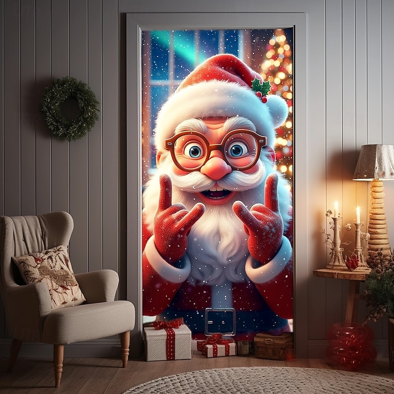 Christmas Door Cover Cartoon Style Holiday Decoration Drapes with Santa Claus Christmas Gift Boxes and Festive Christmas Meeting Print for Home Entryway Living Room Bedroom Indoor Outdoor Seasonal Dec