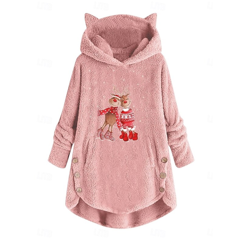Women's Pullover Hoodie Sweatshirt Graphic Reindeer Casual Long Sleeve Hooded Crop Tops Street Dailywear Casual Pocket Print Pink Wine Gray Fall Winter