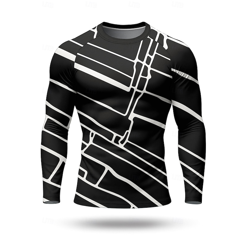 Men's Compression Shirt Running Shirt 3D Print Long Sleeve Base Layer Geometric Quick Dry Compression Power Flex Moisture Wicking Gym Workout Active Training Cycling Sportswear Activewear Black Navy4