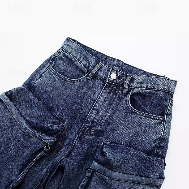 Women's Jeans Culottes Wide Leg Wide Leg Vacation Vintage Fashion Full Length Medium Waist Plain Wide Leg Buckle Multi Pocket Comfortable Inelastic Micro-elastic Outdoor Vacation Daily Blue3