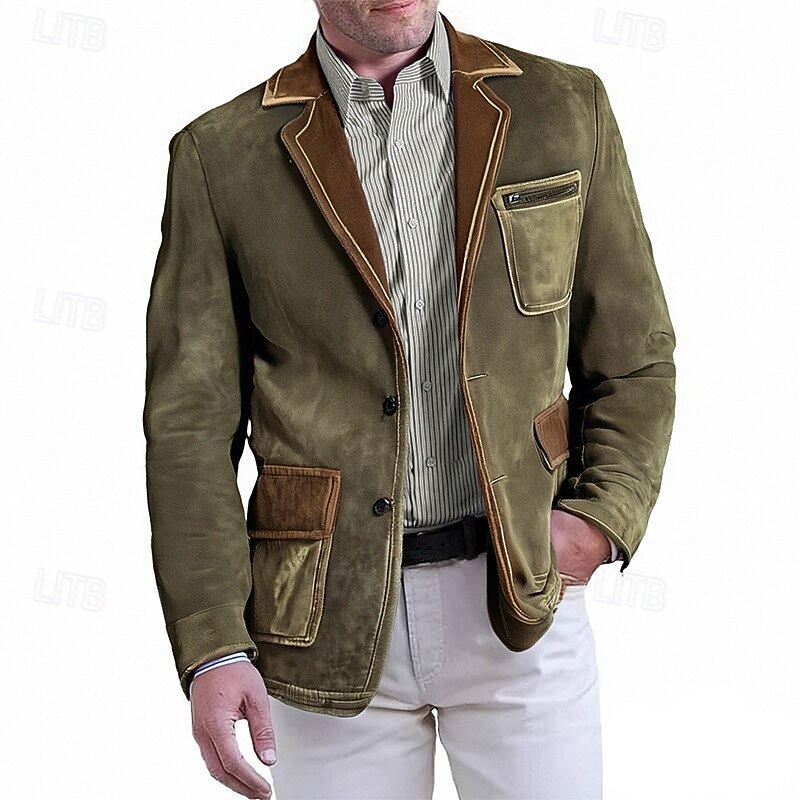 Men's Faux Suede Jacket Faux Suede Blazer Business Cocktail Party Wedding Party Fashion Casual Spring &  Fall Polyester Color Block Pocket Buttons Comfortable Single Breasted Blazer Green