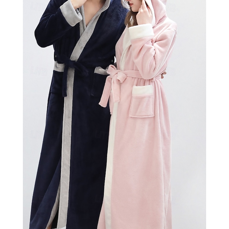 Women's Pajamas Robe Fashion Patchwork Pocket Vacation Home Bed Long Sleeve Hoodie Pink Navy Blue Light Grey Fall Winter Tailored Fit