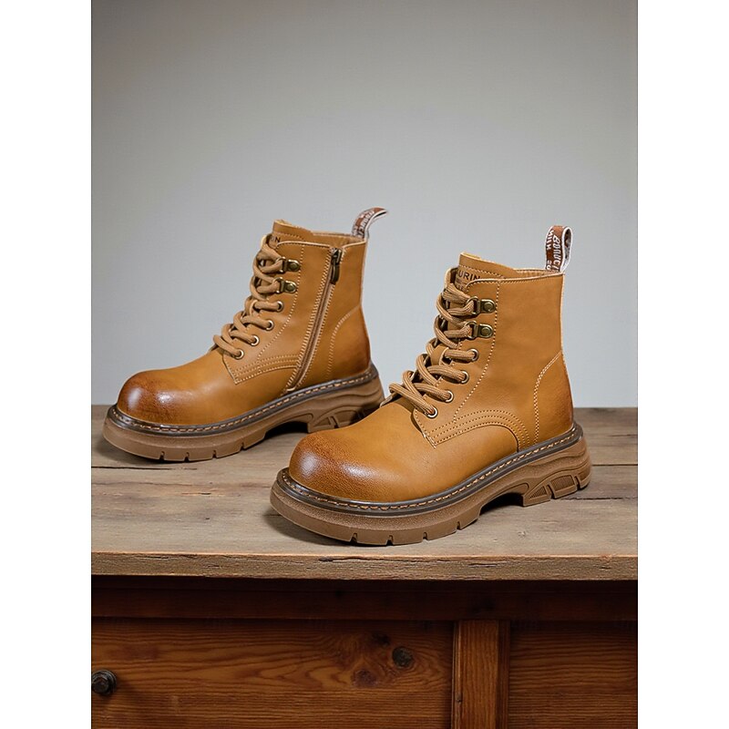 Women's Outdoor Lace Up Ankle Boots with Side Zipper and Chunky Non Slip Sole - Casual Hiking Workwear Combat Style Boots for Fall and Winter4