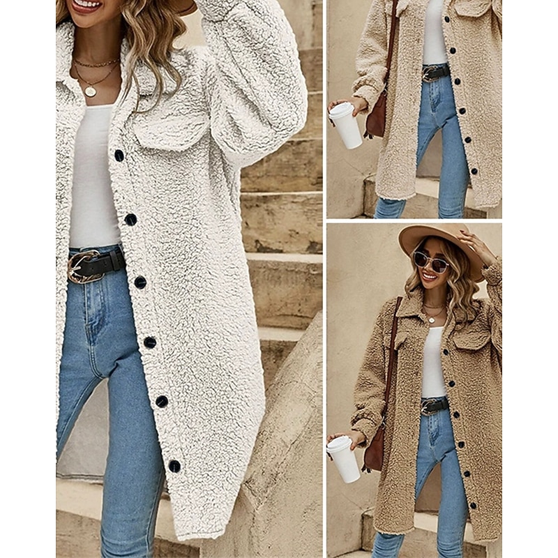 Women's Fleece Jacket Casual Jacket Warm Comfortable Buttons Fashion Outdoor Plain Going out Weekend Single Breasted Regular Lapel Regular Fit Long Sleeve Outerwear White Khaki Apricot Fall Winter