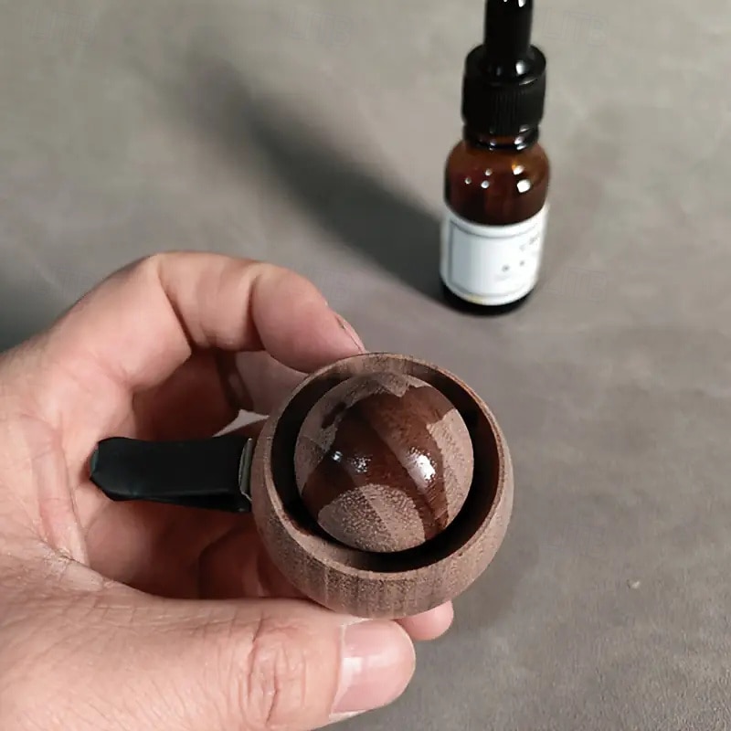 Handcrafted Natural Black Walnut Car Aroma Diffuser - Circular Design with Black Handle Battery-Free Compatible with Car Vent and Home Essential Oil Diffusers4