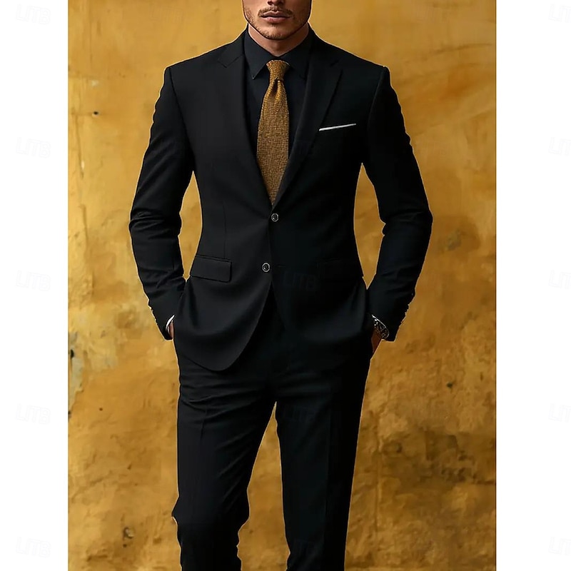 Men's Wedding Party Business Suits Notch Lapel Black Royal Blue Formal Solid Colored Tailored Fit 2 Piece Single Breasted Two-buttons