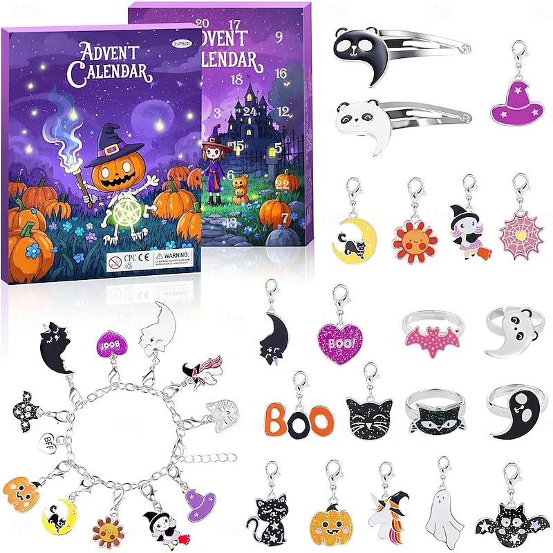 Halloween Advent Calendar 2025 for Girls and Boys With 24 Days Unique Gift Countdown Calendar Spooky Castle Design Blind Box DIY Creative Charm Pendant Bracelet