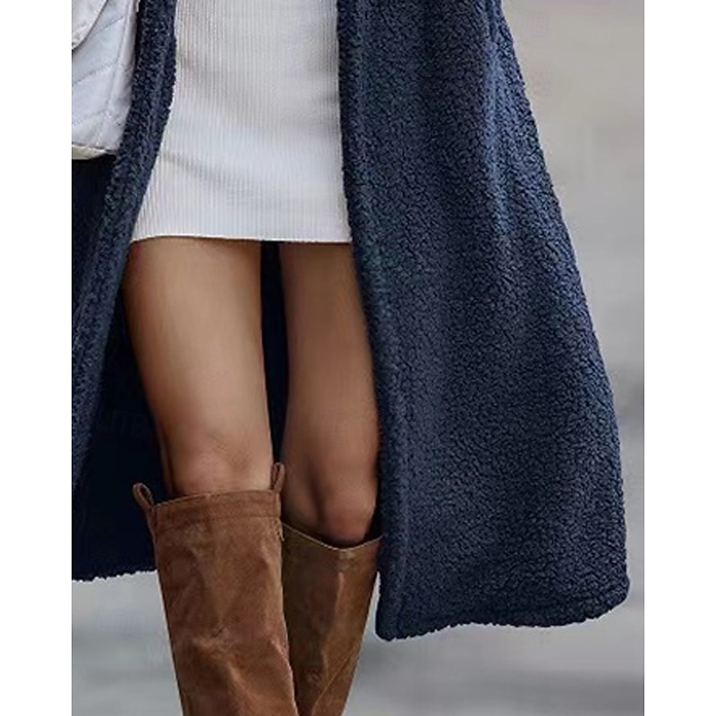 Women's Winter Coat Fleece Jacket Warm Comfortable Pocket Buttons Fashion Casual Plain Vacation Street Casual Daily Wear Single Breasted Long Hooded Loose Fit Long Sleeve Outerwear Royal Blue Fall3