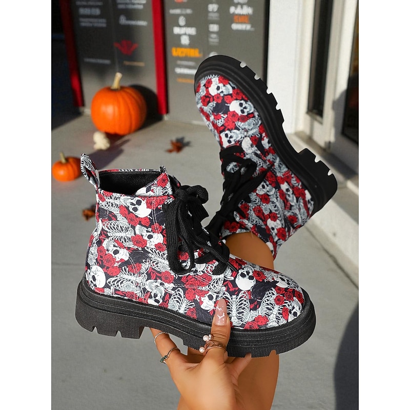 Women's Halloween Skull Print Lace-Up Combat Boots - Red Rose Gothic Punk Ankle Shoes for Fall Festivals, Cosplay and Streetwear Outfits4
