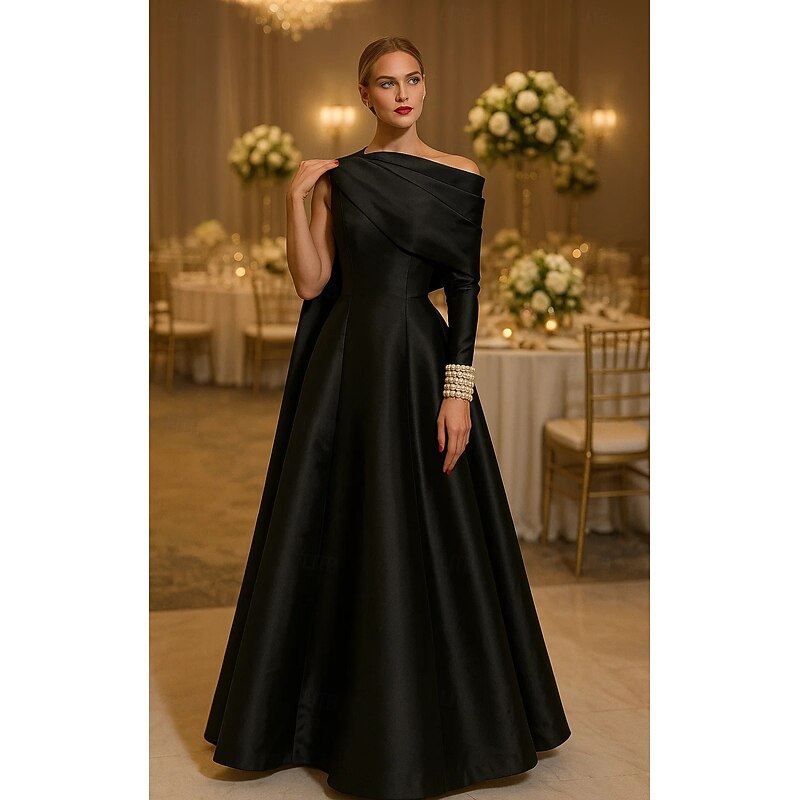 Red Formal Cape Dress Ball Gown Elegant Dress Formal Wedding Floor Length Long Sleeve Off Shoulder Stretch Satin with Pleats Pearls 20253