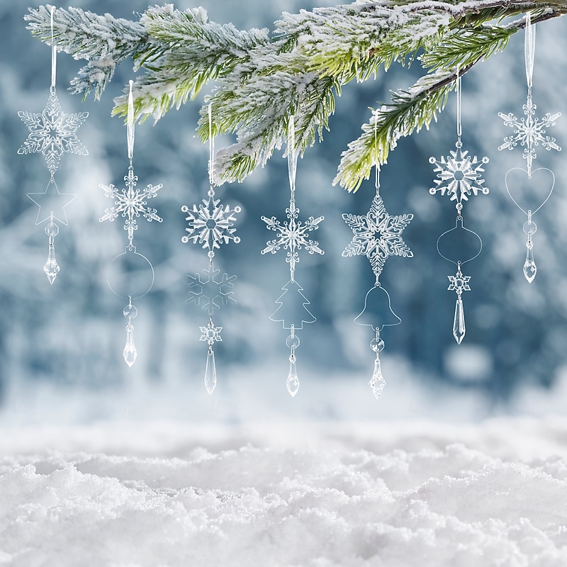 7pcs Christmas Crystal Icicle Ornaments Clear Acrylic Hanging Decorations for Christmas Tree, DIY Transparent Ice Stick & Snowflake Holiday Decor4