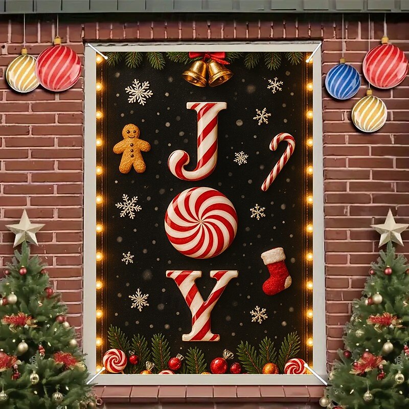 Christmas JOY Candy Cane Curtain, 2025 Xmas Festive Window Curtain Door Cover with Peppermint and Ornaments, Holiday Decoration for Home Party