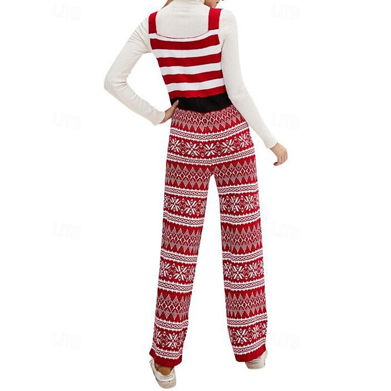Women's Normal Jumpsuit Active Snowflake Sleeveless Crew Neck Pocket Print Christmas Vacation Regular Fit Red Fall3