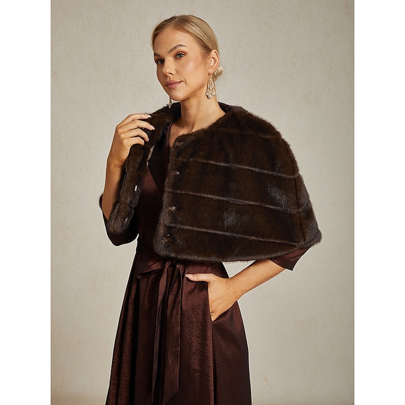 Women's Cocktail Formal Party Brown Faux Fur Wrap  Shrug Capelet  Beaded Button Brown Cowl Neck Fall Winter