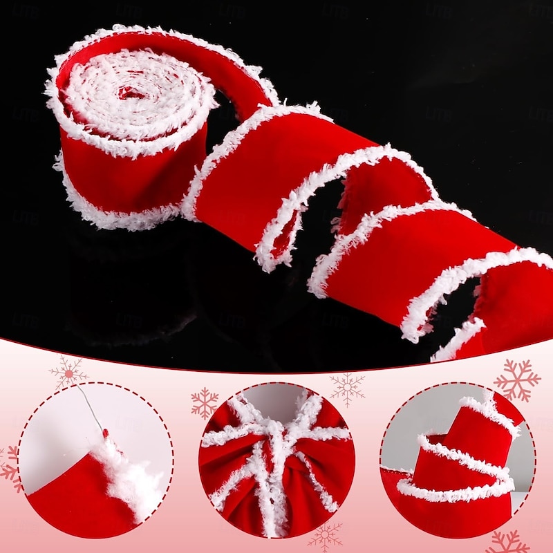 2 Rolls Christmas Ribbon, Red and White Fuzzy Edge Decorative Ribbon for Tree Bows, DIY Holiday Crafts, Gift Wrapping, Xmas Party Decorations4