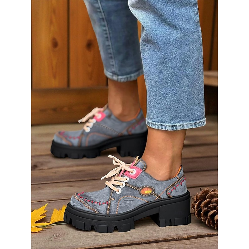 Women's Green Genuine Leather Chunky Sole Lace-Up Casual Shoes – Retro Leather Oxford Style Shoes for Autumn Fashion and Outdoor Walking4