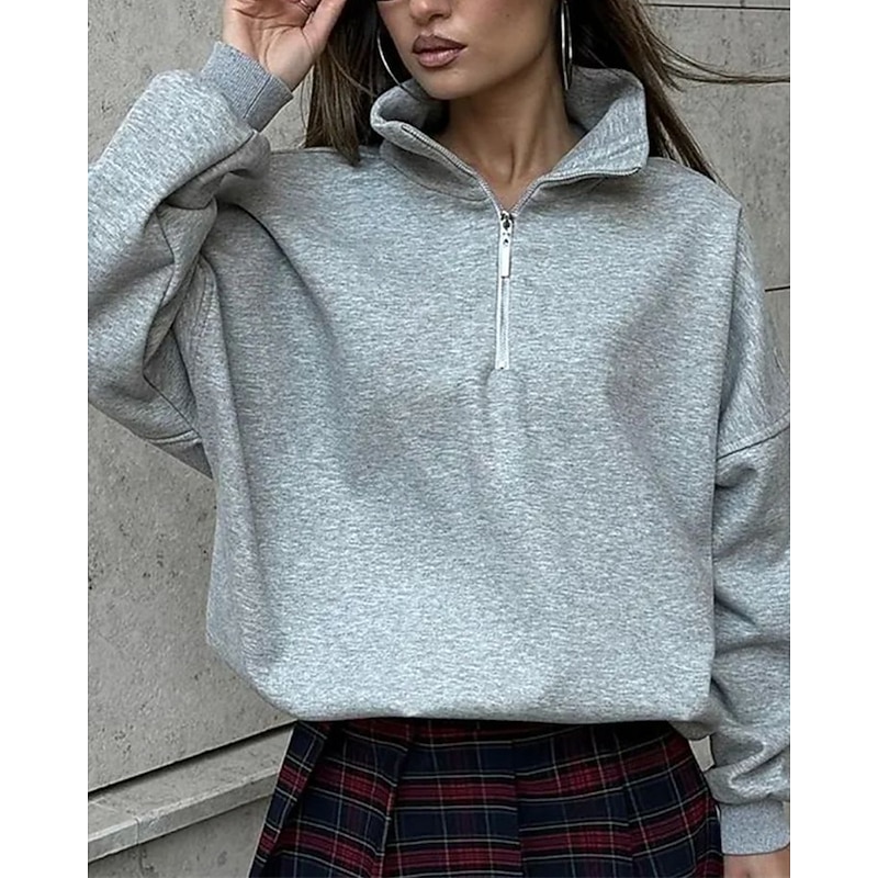 Women's Pullover Sweatshirts Zip Up Sweatshirts Plain Sports Fashion Casual Long Sleeve High Neck Regular Tops Street Dailywear Going out Half Zipper Quarter Zipper Zipper Light Grey Fall Winter
